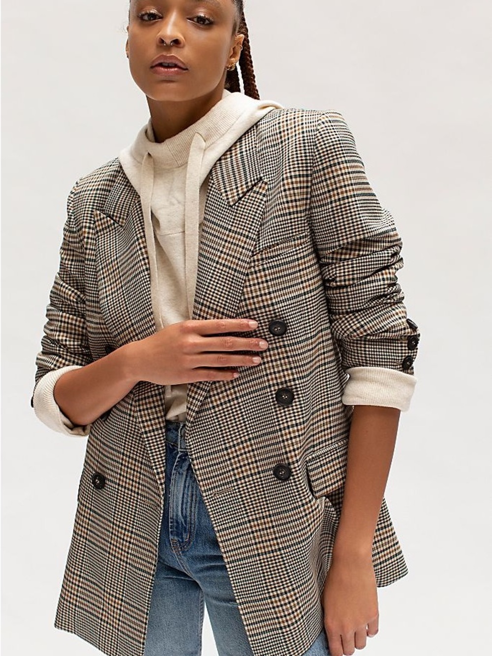 Free People Ashby Plaid Double-Breasted Blazer in Grey and Black M